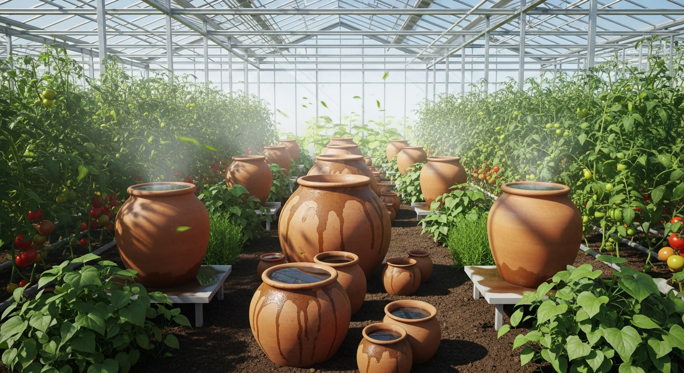 Using clay pots and water for ancient cooling techniques in greenhouses