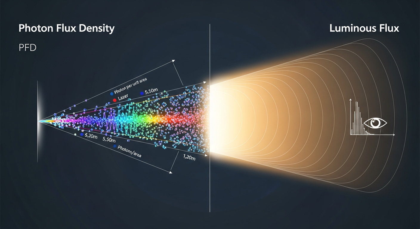 The Physics of Photon Flux Density (PFD) vs. Luminous Flux