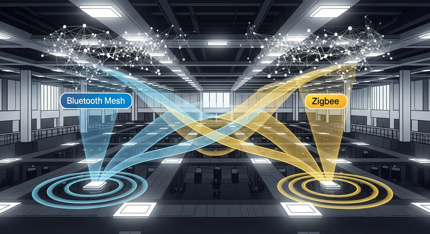 Wireless Lighting Control: Evaluating Bluetooth Mesh and Zigbee in Large Spaces